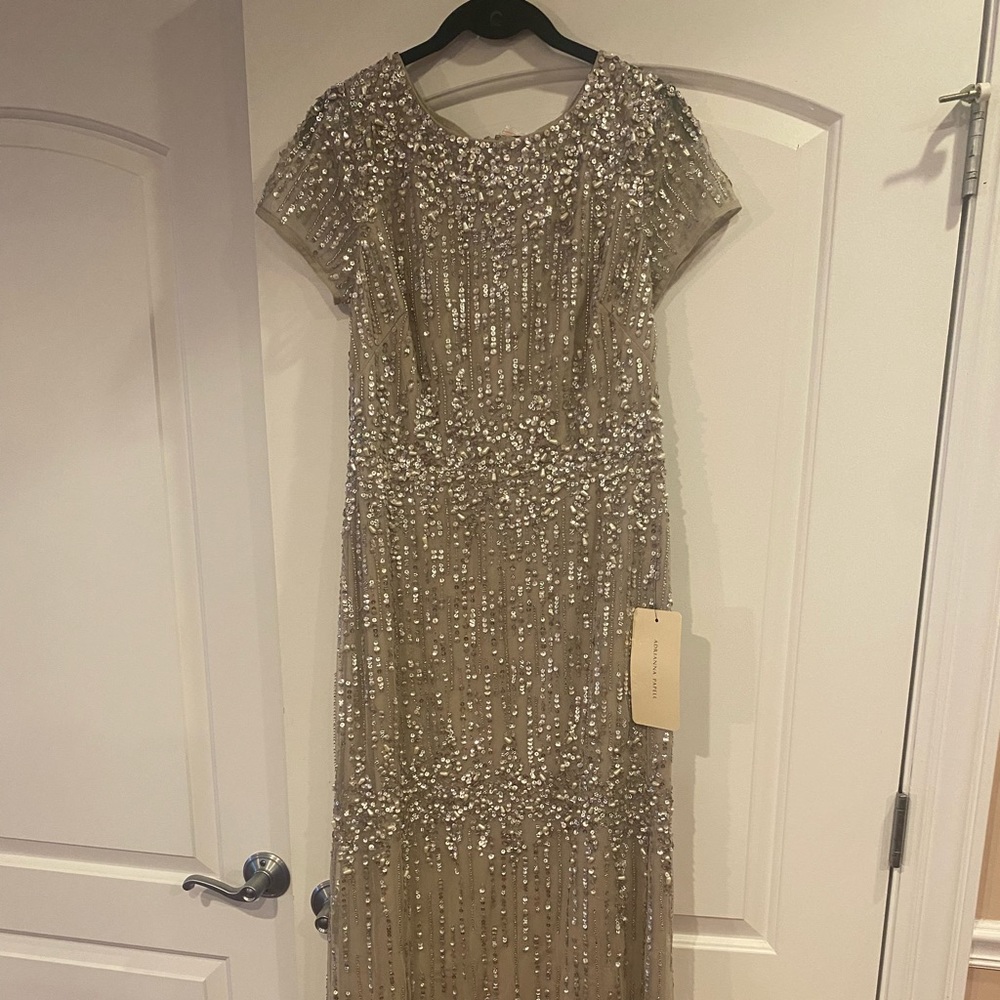 Brand new! Adrianna Papell beaded short sleeve gown. Size 10.